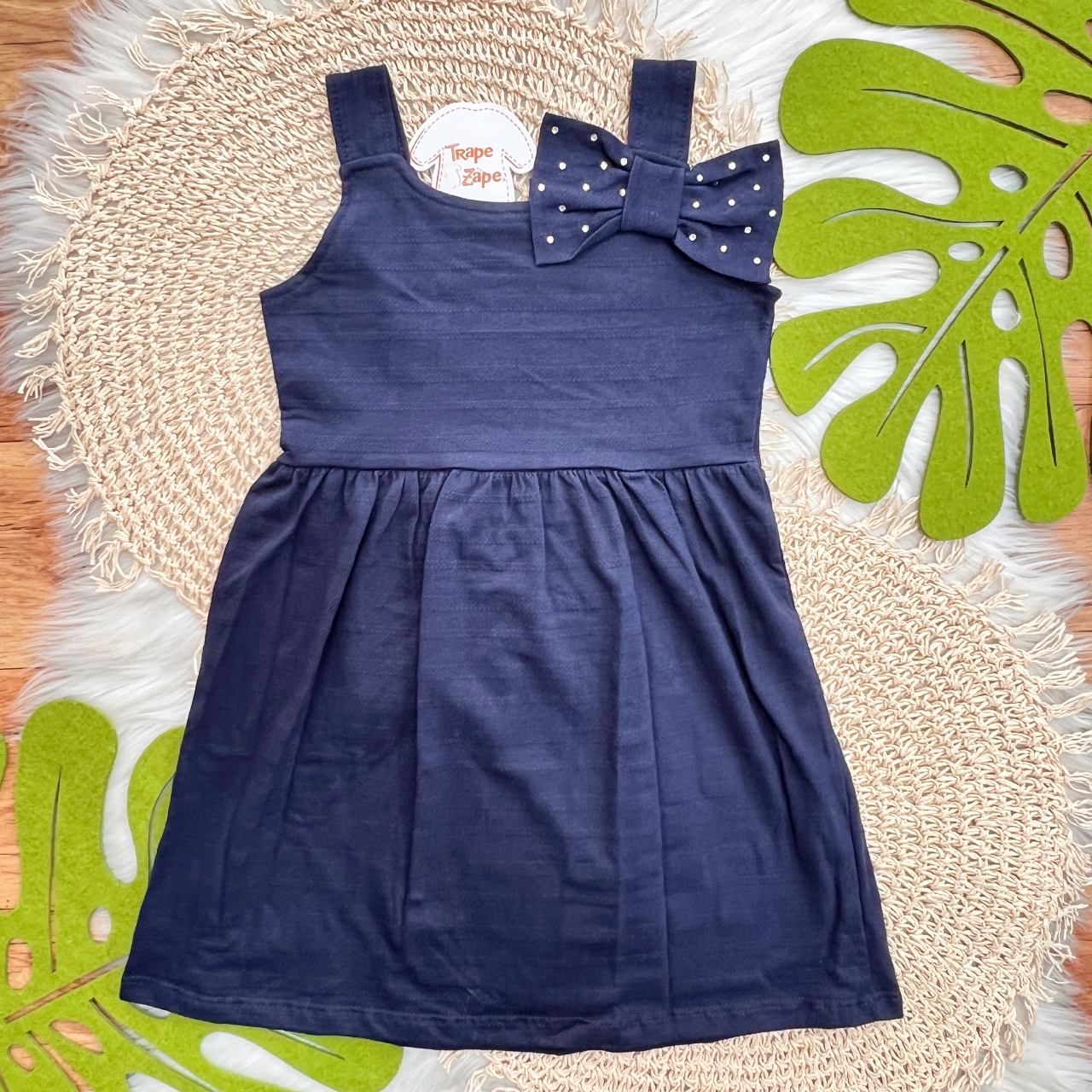 Vestido com Laço de Strass - Azul Marinho